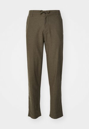 Olive green pants made of textured fabric, featuring a drawstring waist and straight legs, displayed against a white background.