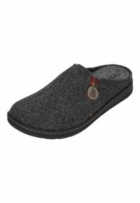 Grå slip-on sko med rund tå, tekstiloverdel, syet detaljer og en ternet accent nær side-logoet. Sort gummisål.