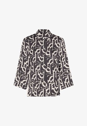 Black and white abstract patterned long-sleeve button-up shirt with wide cuffs and a classic collar.