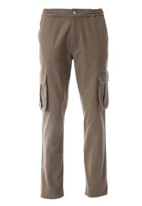 Cargo-Hosen in einem khakifarbenen Ton, mit einem elastischen Bund, Knopfverschluss und zwei seitlichen Cargo-Taschen mit Klappe. Hergestellt aus strapazierfähigem Stoff.
