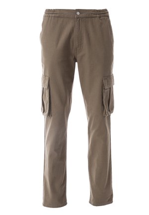 Cargo-byxor i khaki-ton med elastisk midja, knappstängning och två sidofickor med lock. Tillverkade av hållbart tyg.