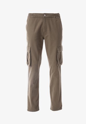 Cargo broek in een khaki tint, met een elastische tailleband, knoopsluiting en twee zijcargo zakken met klep. Gemaakt van duurzaam materiaal.