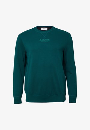 Dunkeltürkisfarbener Langarmpullover mit Rundhalsausschnitt und dem Aufdruck "s.Oliver Elevated Since 1969" auf der Brust.