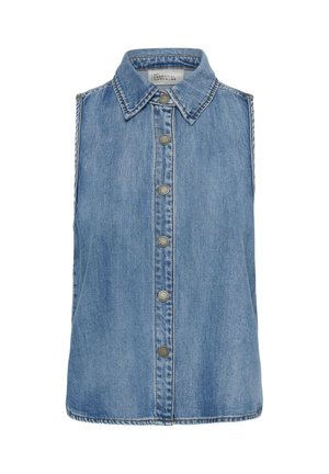 Ujjatlan világoskék farmer ing, gallérral és hat fém patenttal az elején.