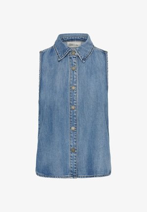 Ujjatlan világoskék farmer ing, gallérral és hat fém patenttal az elején.