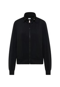 Černá bunda na zip s vysokým límcem, žebrovanými manžetami a bočními kapsami. Vyrobena z hladké, elastické látky s přiléhavým střihem.