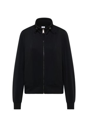 Zwarte jas met ritssluiting, hoogstaande kraag, geribbelde manchetten en zijzakken. Gemaakt van een glad, rekbaar materiaal met een getailleerd silhouet.