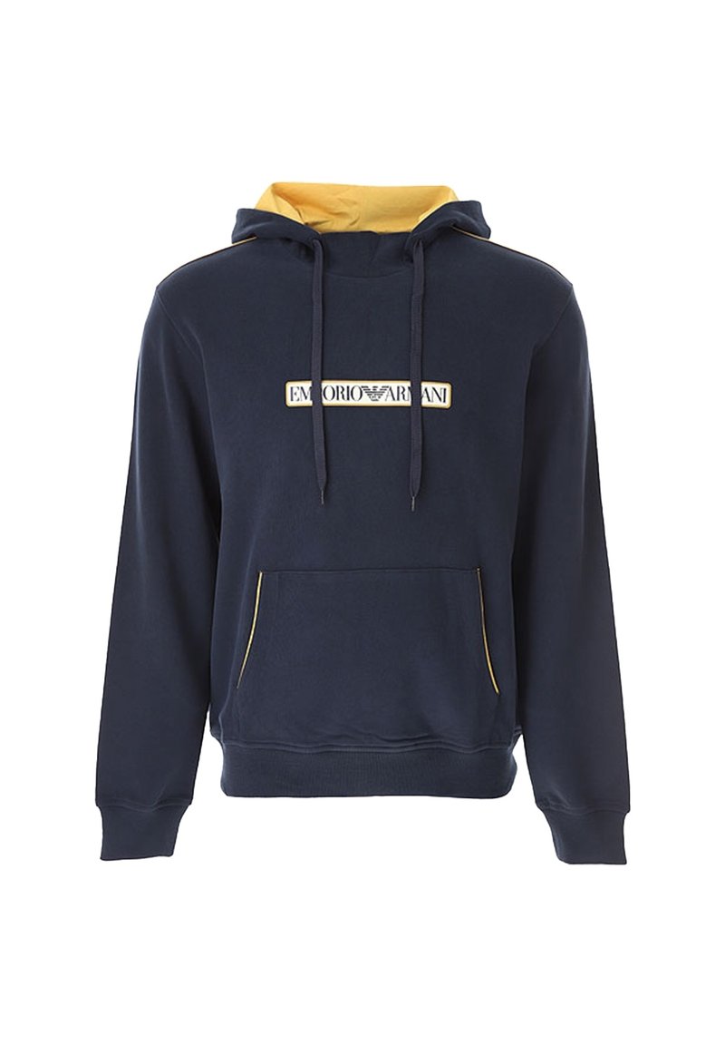 Felpa con cappuccio blu navy e interno giallo, con tasca frontale e etichetta logo bianca e gialla sul petto.