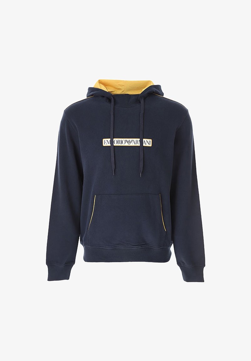 Felpa con cappuccio blu navy e interno giallo, con tasca frontale e etichetta logo bianca e gialla sul petto.