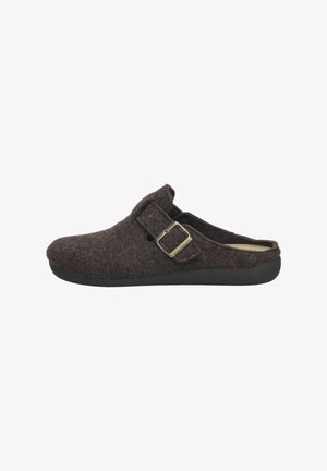 Felt clogs in dark brown, featuring a wide strap and metallic buckle. Rounded toe and sturdy black rubber sole for durability.