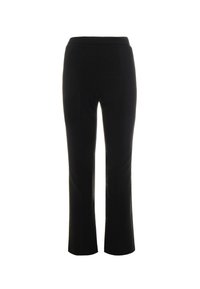Pantaloni neri slim-fit con una texture liscia. Caratterizzati da una vita a media altezza e da una gamba svasata cropped per un look sartoriale.