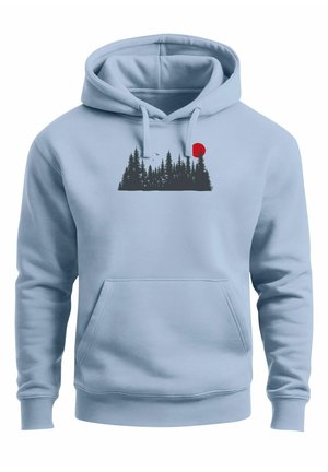 Light blue hoodie with a front pocket, featuring a graphic of dark green trees and a red sun. Soft fabric with a relaxed fit and drawstrings.