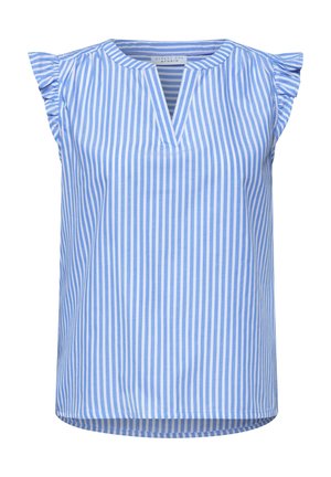 Ærmeløs blå og hvid bluse med lodrette striber, flæseærmer og delt rund halsudskæring.