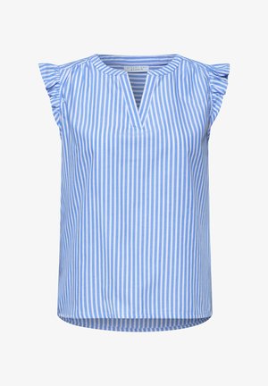 Chemisier sans manches à rayures verticales bleues et blanches avec manches ballons volantées et encolure ronde fendue.