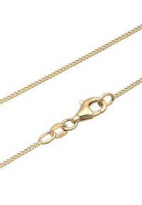 Gold metal chain necklace featuring a textured design, a claw clasp, and a marked link for authenticity, showcasing fine craftsmanship.