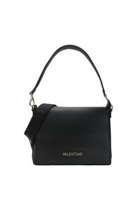 Borsa a mano in pelle nera caratterizzata da un design strutturato, logo in rilievo e tracolla staccabile con clip. Sono visibili dettagli in metallo dorato.