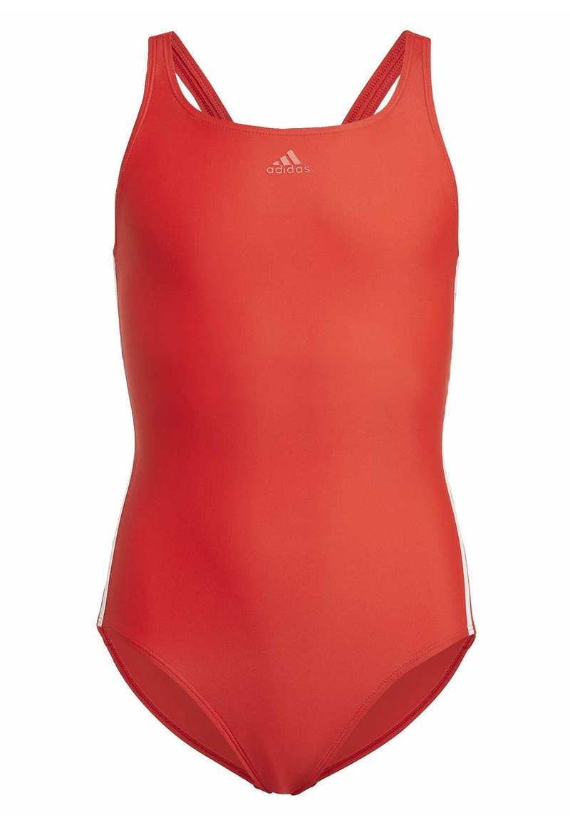 Bañador rojo de una pieza fabricado con tejido suave, con escote redondeado, tirantes finos y acentos laterales en blanco. Logo de Adidas en el pecho.