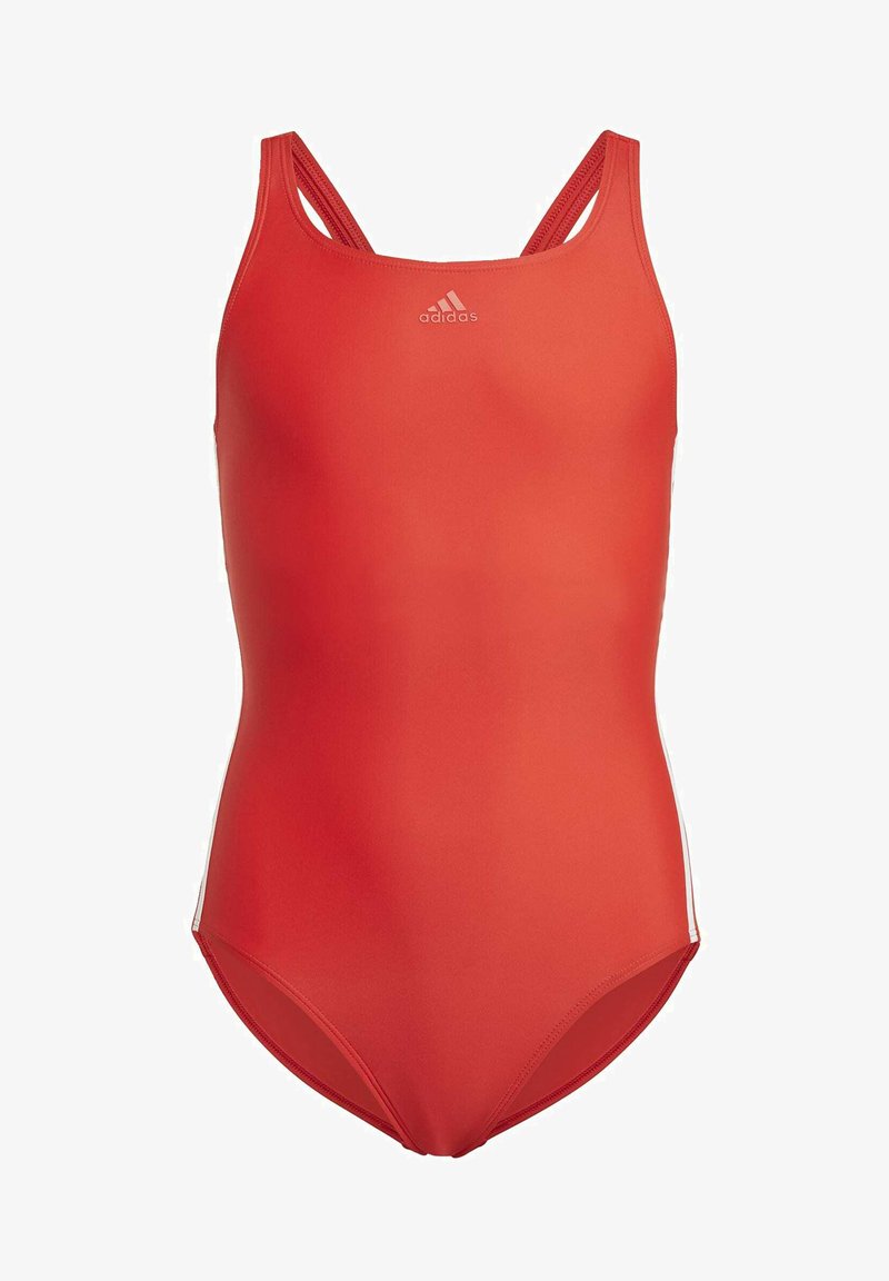 Bañador rojo de una pieza fabricado con tejido suave, con escote redondeado, tirantes finos y acentos laterales en blanco. Logo de Adidas en el pecho.