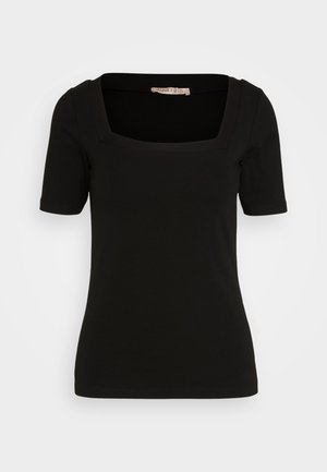 Top scurt negru cu decolteu pătrat. Fabricat dintr-un material moale și elastic. Prezintă o cusătură atentă și o siluetă ajustată.