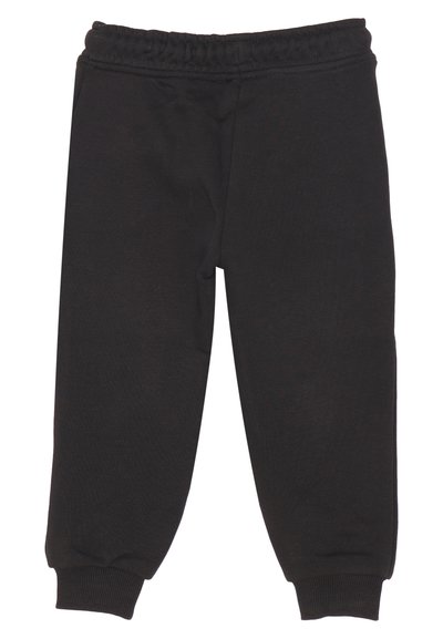 Pantaloni della tuta neri in cotone con elastico in vita e polsini a coste, caratterizzati da una texture liscia e due tasche laterali.