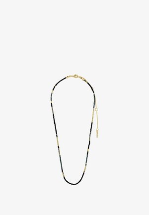 Náhrdelník s mixem černých, šedých a modrých korálků se zlatými akcenty. Obsahuje zapínání a prodlužovací řetízek pro nastavitelnou délku.