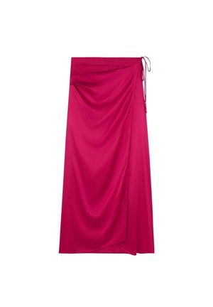 Fuchsia Wickelrock aus glattem Stoff, mit asymmetrischem Design, Drapierungen und einer Bindeschließe auf der linken Seite.