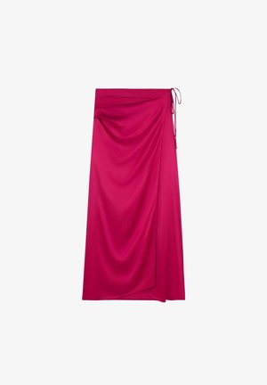 Fuchsia wrap skirt made of smooth fabric, featuring an asymmetrical design with draping and a tie closure on the left side.