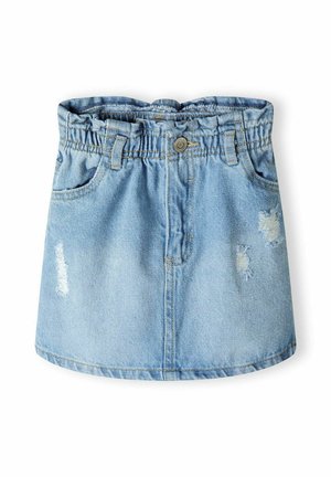 Jupe en jean bleu clair avec une ceinture élastique, un bouton devant, des passants de ceinture, des poches latérales et des détails usés des deux côtés.