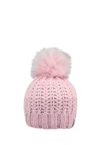 Pink knitted winter hat with ribbed cuff and large fluffy pom-pom on top, isolated on white background.