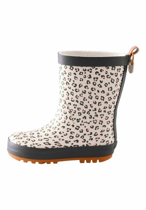 Child's mid-calf rain boot with black and pink leopard print, black trim at top and sole, and an orange-brown textured outsole.