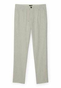 Pantalon en lin gris clair avec cordon de serrage et fermeture à bouton, doté de deux poches latérales et d'une texture lisse. Design à jambe droite.