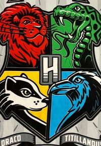 Four animal crests on a shield: red lion, green snake, black badger, blue raven, against a multi-colored background with gray lines.