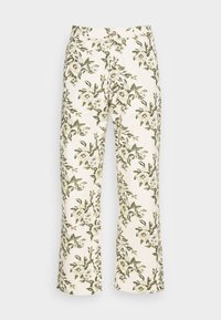 Floral trousers with a cream background, featuring a green and blue floral pattern. Made from fabric with a smooth texture and straight legs.