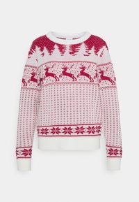 Röd och vit stickad tröja med mönster av renar och träd, med ribbade muddarna och nederkant. Övre halvan har en solid röd överdel.