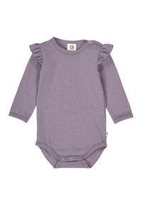 Body s dlouhým rukávem v levandulově fialkové bavlně, se zdobenými ramenními akcenty a patentkami na spodní části pro snadné oblékání.