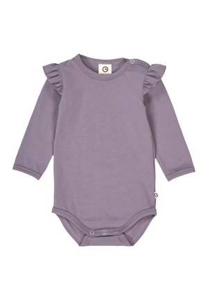 Body a maniche lunghe in cotone viola lavanda, con spalline arricciate e chiusure a pressione sul fondo per una facile vestizione.
