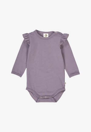 Mouwloze bodysuit in lavendelpaars katoen, met rimpelaccenten op de schouders en drukknoopsluitingen aan de onderkant voor een gemakkelijke kledingwissel.