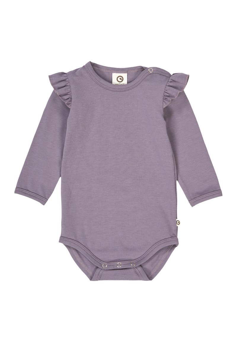 Body s dlouhým rukávem v levandulově fialkové bavlně, se zdobenými ramenními akcenty a patentkami na spodní části pro snadné oblékání.