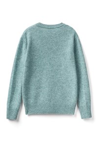 Maglione azzurro chiaro con maniche lunghe, orli a coste e un classico scollo rotondo. Tessuto morbido e strutturato, con un aspetto leggermente peloso.