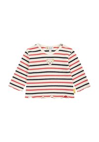 T-shirt à manches longues rayé en blanc, rouge et marine. Présente un patch d'ours sur la poitrine et un ourlet festonné. Confectionné en tissu texturé.