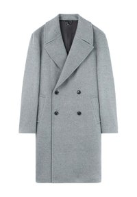 Grå ullkappa med dubbelknäppt design, stora spetsiga slag, två sidofickor och svarta knappar. Slät textur.