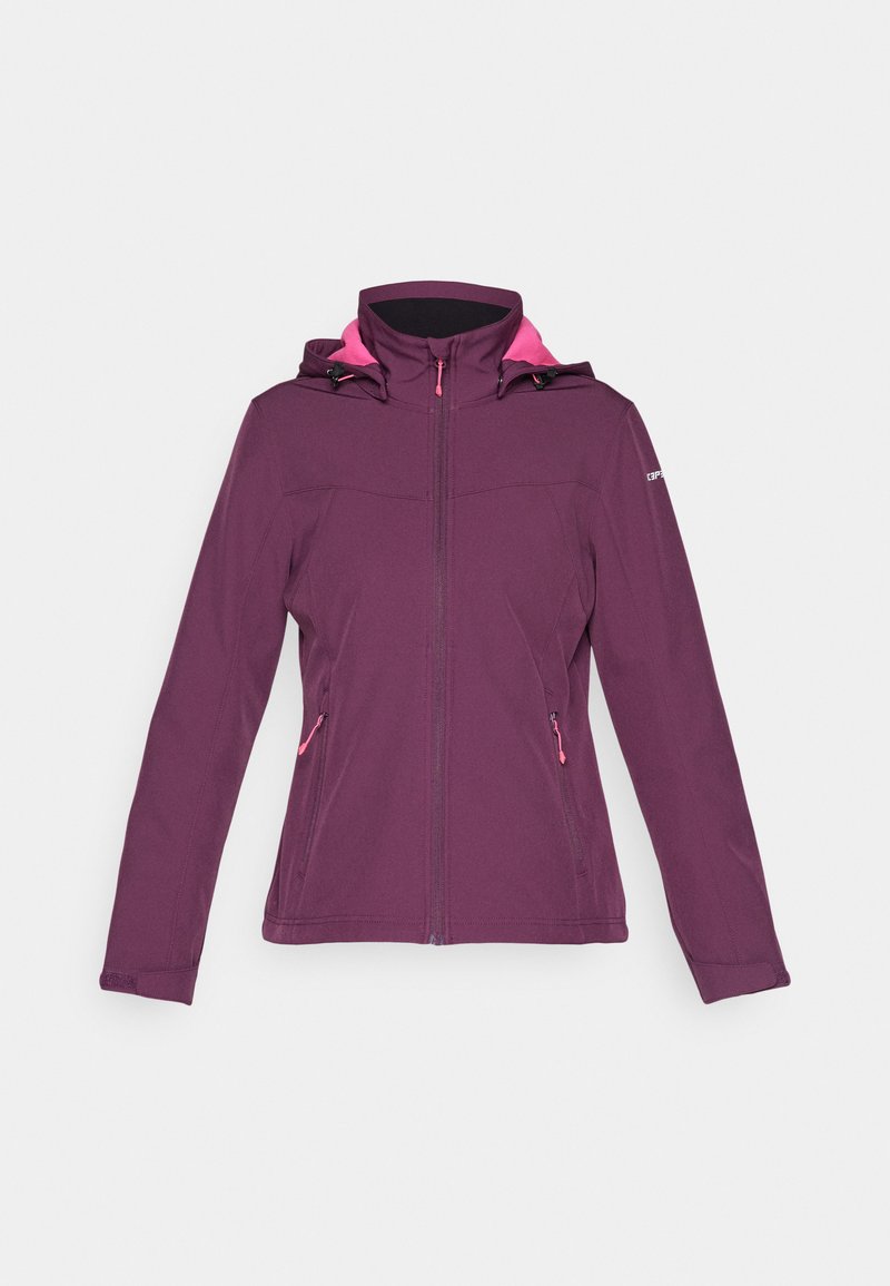 Lila Softshelljacke mit tailliertem Design, rosa Akzenten an der Kapuze und den Reißverschlüssen sowie zwei Seitentaschen. Elastische, glatte Textur.