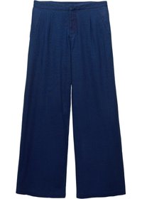Wijde broek in donkerblauwe stof, met plooien aan de voorkant, een knoop- en ritsluiting, en zijzakken.