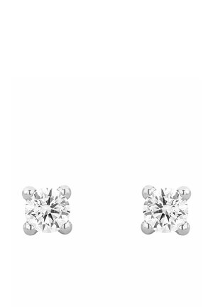 Orecchini a bottone con diamanti tondi, montati in argento lucido, con un design a quattro griffe. Pietre trasparenti con taglio brillante e superficie riflettente.