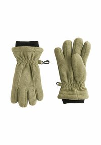 Olivgrüne Fleecehandschuhe mit einem schwarzen gestrickten Bündchen, ausgestattet mit einem Hakenverschluss und einem gerafften Design für eine enge Passform.