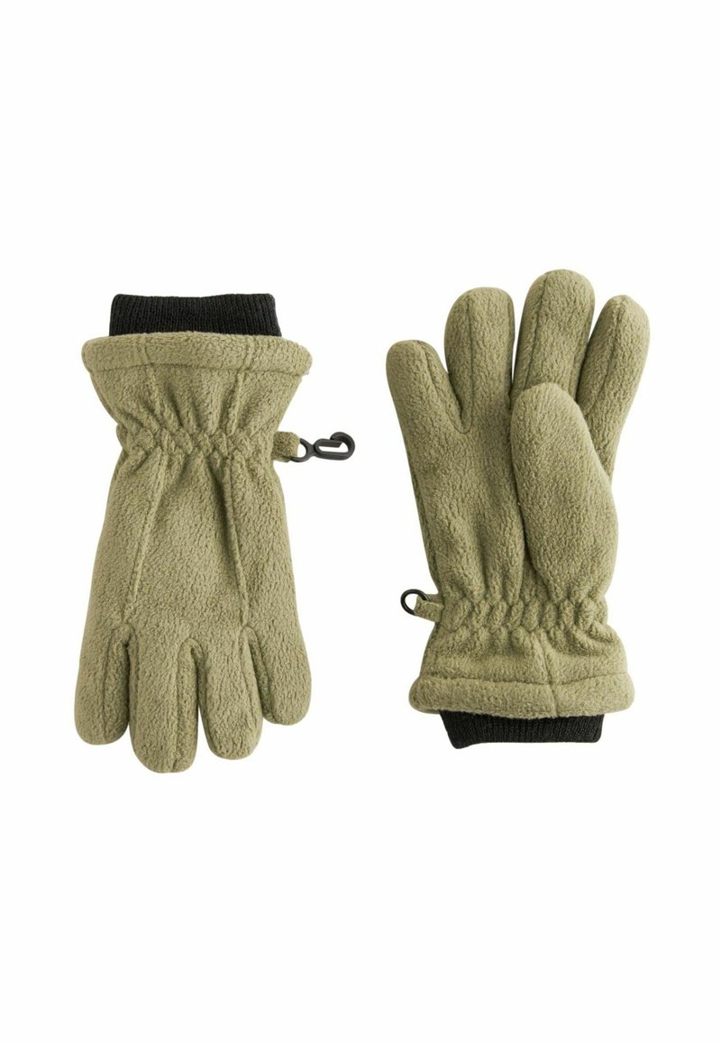 Olivgrüne Fleecehandschuhe mit einem schwarzen gestrickten Bündchen, ausgestattet mit einem Hakenverschluss und einem gerafften Design für eine enge Passform.