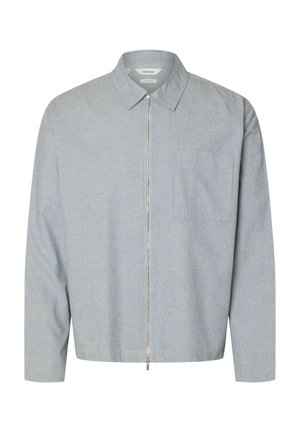 Svetlo siva jakna z zadrgo, z raznolikim karo vzorcem, koničastim ovratnikom in prsnim žepom.