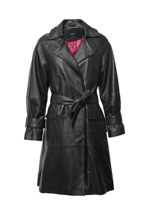 Schwarzer Leder-Trenchcoat mit tailliertem Gürtel, doppelt geknöpftem Vorderteil und zwei Fronttaschen. Mit einem pinkfarbenen gemusterten Futter.