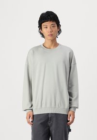 Light gray sweatshirt with a round neck, dropped shoulders, and long sleeves. Soft texture, pullover design, and ribbed hem details.