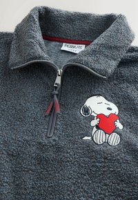 Šedá fleecová mikina na zip, na přední straně vyšívaný motiv Snoopyho držícího červené srdce.